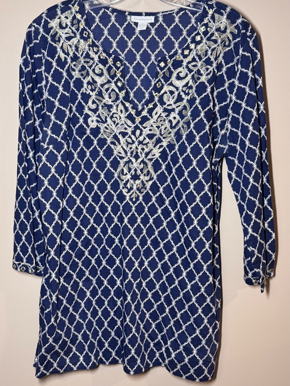 Charter Club Navy and White Embroidered V-Neck Tunic